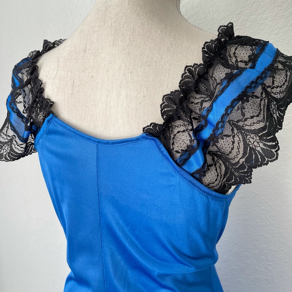 VINTAGE ROYAL BLUE LACE SILKY NIGHTGOWN SLIP DRESS MAXI MEDIUM - Picture 11 of 13